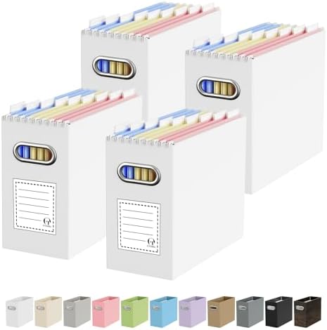 Oterri Portable Collapsible Cardboard File Box with Handle for Letter-Size | 4-Pack. Stainless Steel Handle. Label Stickers Included. Fits Letter Folders (Not Included). Home, Office, School, Dorm, Tax.