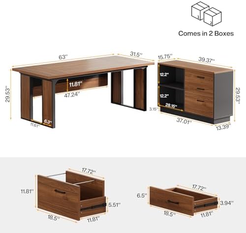 Tribesigns 63‘’ L-Shaped Executive Desk, Office Table with 47-Inch Drawers Cabinet, Large Computer Desk with Storage Shelves, Business Furniture Set for Home Office, Brown