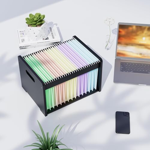 Bamboo Hanging File Organizer, Desktop File Box, Open Top, 2 Pack, Black | Open-Top Access, 4 Hanging Folders Included, Letter & Legal Files, Sliding Rails, Reinforced Handles, Easy Assembly