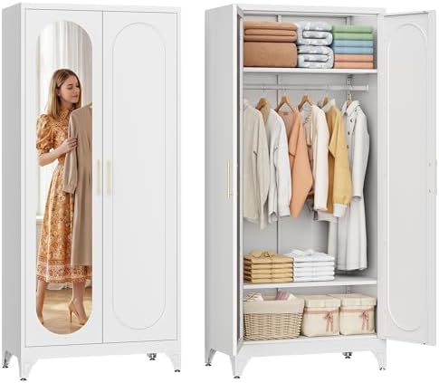 SteeLoong 71”Armoire Wardrobe Close,White Wardrobe Cabinet with Mirror Door