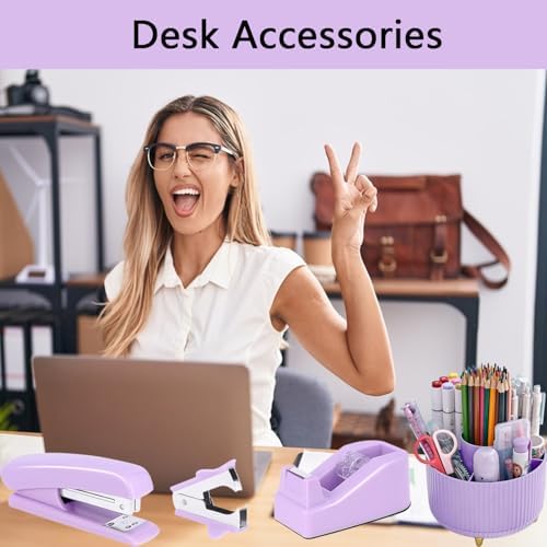 Office Supplies,Purple Desk Accessories,Office Supplies Set,Desk Organizer,Stapler,Tape Dispenser,Scissors,Staple Remover,Binder Clips,Staples,Ballpoint Pen,Index Tabs with Ruler,Clear Tape.10pcs