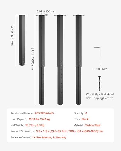 VEVOR Adjustable Table Legs, 24-40 in Square Steel Furniture Legs, 1200 lbs Max Load Heavy Duty, Quick Installation, Ideal for Home Office Desk DIY, Coffee Dinner Bar Tables, Workbenches, 4 PCS, Black