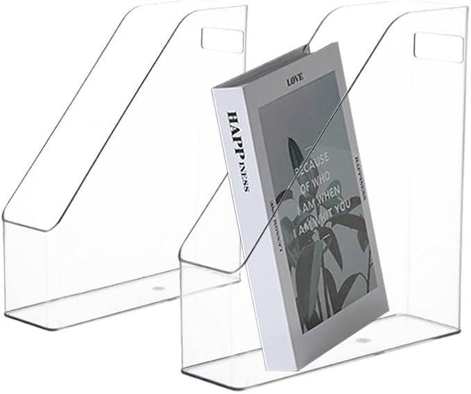 2 Pack Acrylic Magazine File Holder with Handle, Plastic Desk Organizer | Clear Acrylic Vertical File Folder Bin, Storage File Folders, Magazine Rack Document Storage Organizer for Home Office
