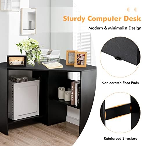 COSTWAY Corner Computer Desk, Space-Saving Triangular Writing Desk w/ 2 Storage Shelves & 2 Cable Holes, Multi-Functional Console Table for Small Space in Home Office, Living Room, Bedroom (Black)