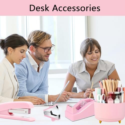 Office Supplies,Pink Desk Accessories,Office Supplies Set,Desk Organizer,Stapler,Tape Dispenser,Scissors,Staple Remover,Binder Clips,Staples,Ballpoint Pen,Index Tabs with Ruler,Clear Tape.10pcs