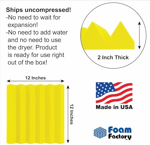 Foam Factory Inc 24 Pack Color Acoustic Foam Panel Studio Soundproofing Wedge Wall Tiles 12” X 12” X 2” (Yellow)