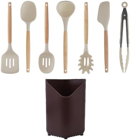 Glad Silicone Kitchen Utensils Set, 8pcs - Nonstick Cooking Tools with Wooden Handles and Utensil Holder - Spatula Set with Turner, Ladle, Spoons, Tongs, and Spaghetti Server - Beige