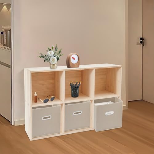 6 Cube Storage Organizer, Open Shelf Bookcase, Solid Wood Bookshelf with 3 Storage Bins, Vertical or Horizontal Book Shelf for Bedroom, Living Room, Office