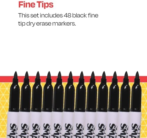 School Smart BY1076-48BLACK Dry Erase Pen Style Marker, Fine Tip, Black, Pack of 48