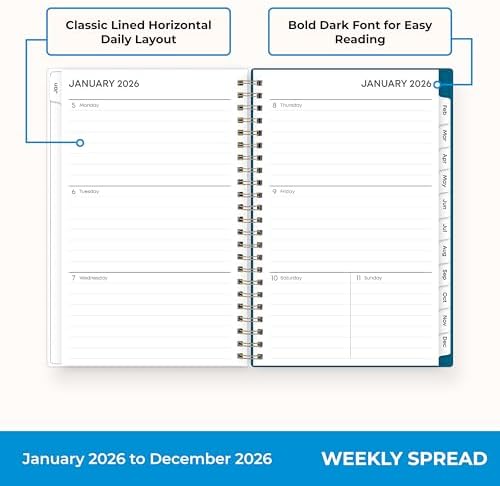 Blue Sky 2026 Weekly & Monthly Planner Calendar, 5"x8", Bakah Blue