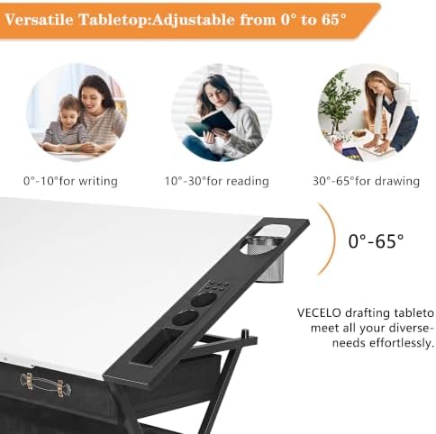 VECELO Drafting Table Art Desk Art Table Adjustable Drawing Table Tilted Tabletop with 2 Storage Drawers and Stool, Drawing Desk for Artist Painters Drawing, Crafting, Reading, Writing, White