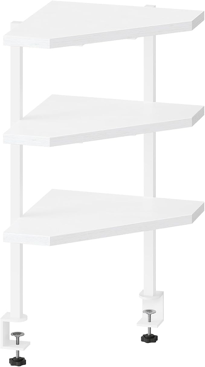 MAHANCRIS Clamp on Desk Corner Organizer, 3-Tier Desktop Shelf, Adjustable Desk Corner Storage Shelf with Metal Frame, for Office, Game Room,White DSWT5501
