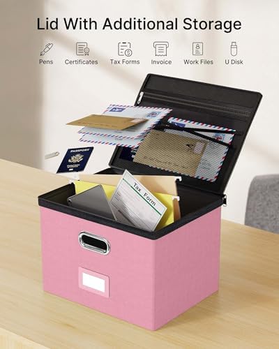 Oterri File Box Large 2-Pack Hanging Organizer for Letter/Legal-Size Folder | Dustproof Lid. 3 Mesh Pockets. Collapsible Scratch-Resistant GRS Linen. Slide Rails. Office, Home, Dorm