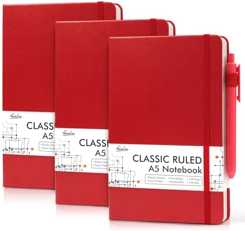 feela 3 Pack Notebooks Journals Bulk with 3 Black Pens, A5 Hardcover Notebook Classic Ruled Lined Journal Set with Pen Holder for Work Business Journaling Note Taking, 120 GSM, 5.1”x8.3”, Red