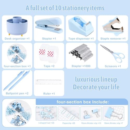 Gawsey Blue Desk Organizers and Accessories with Desk Organizer 360° Rotating Pen Holder and Office Supplies, Cute Stationery Supplies Set