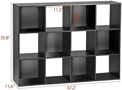 SUPER DEAL 12 Cube Storage Organizer, Open Shelf Bookcase, Wood Cubical Shelves Closet Cabinet Display Unit with 6 Removable Back Panels for Living Room Bedroom, 47 inch Wide, Black