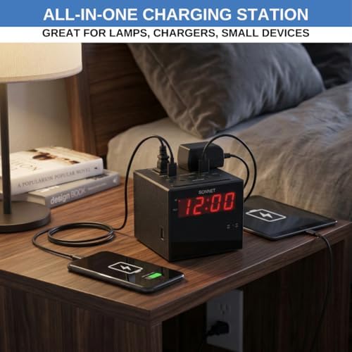 Digital Alarm Clock Radio with Charging Station, AM/FM Radio for Bedroom, 2 AC Outlets & USB-C + USB-A Charging Ports, LED Display, Snooze, AUX Input, Battery Backup – by Ken-Tech