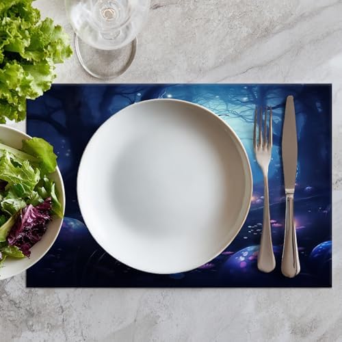 Batmerry Night Forest Glowing Elements Linen Placemats Set of 8, Mysterious Night Forest Scene Washable Table Mats for Kitchen Table Thickened Heat Insulation Dining Set Indoor Outdoor 12X18 in