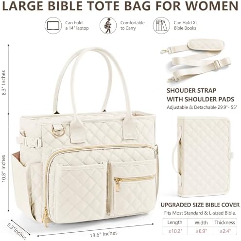 Large Bible Bag with Bible Cover Case for Women, Quilted Church Tote Bag