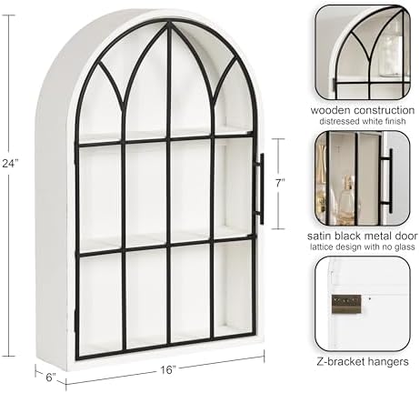 Kate and Laurel Megara Decorative Wooden Hanging Arched Wall Cabinet with Door for Open Storage; 16 x 6 x 24; White and Black; Wooden Floating Wall Bathroom Cabinet for Above Toilet Storage