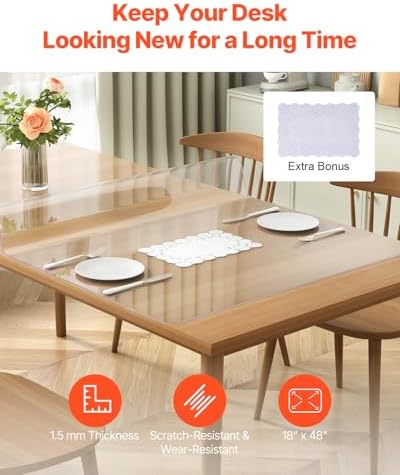 VEVOR Clear Table Cover Protector, 18" x 36" Customizable Plastic Desk Protector, 1.5 mm Thick Clear PVC Cover, Waterproof Desktop Guard for Writing, Coffee, Dining Room Desk