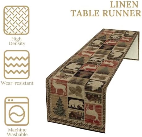 Rustic Bear Table Runner, Vintage Cottage Country Style Pine Tree Elk Wildlife Dinner Runner for Home Kitchen Dining Table Decoration 13"x120"
