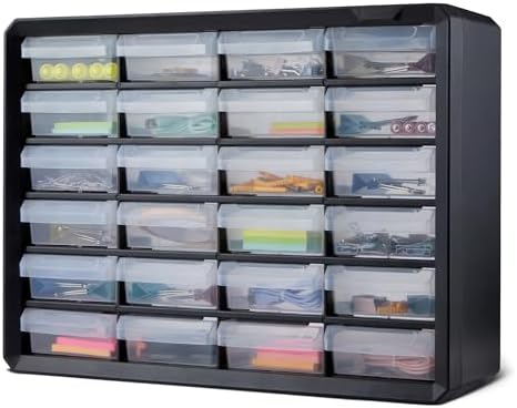 Amazon Basics 24-Drawer Plastic Storage Organizer with Dividers for Office/Craft/Tools, Wall Mountable, Sturdy, 6.3 x 21.3 x 15.8 inch, Black