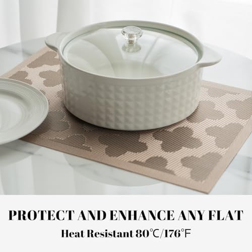 Placemats Set of 12 Vinyl/Plastic Woven Place Mats for Kitchen Table Indoor/Outdoor Washable Placemat Wipeable Dining Table Mats (Dark Brown Clover,12)