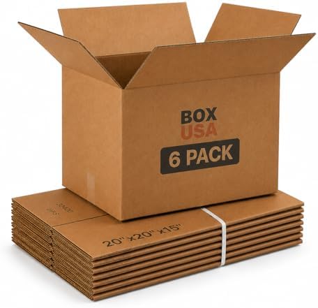 BOX USA Moving Boxes Holds 65lbs, 20"L x 20"W x 15"H (6-Pack) Large - Corrugated Cardboard Box for Shipping, Mailing, Packing, Packaging and Storage