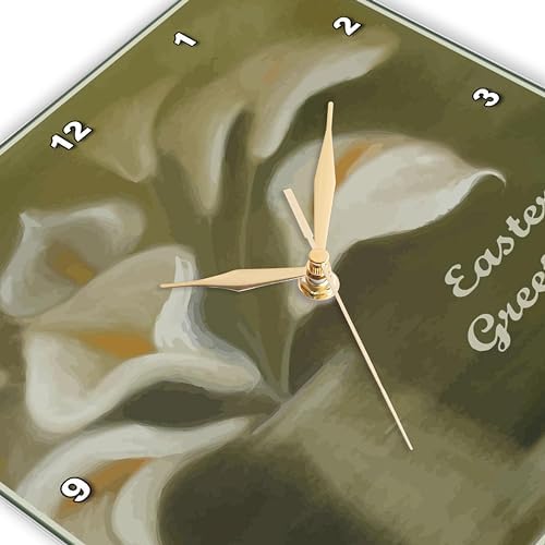 3dRose Wall Clock Silent - 10 inch - Ten White Calla Lilies in a vase on sage Green with Easter Greeting - Acrylic Painting - Easter Greetings