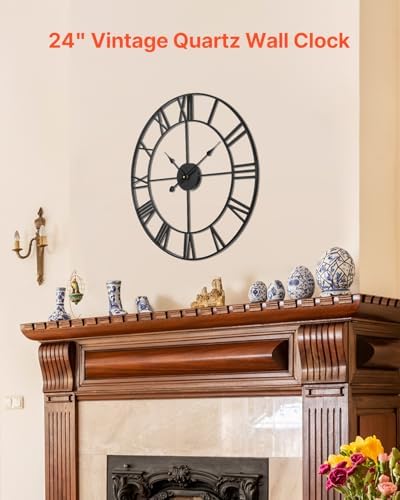 VEVOR Large Wall Clock, 24 in Wall Clock Roman Numerals, Battery Operated Non Ticking Classic Decorative Round Clocks, for Living Room Bedroom Office Kitchen Dining Room Home Decor