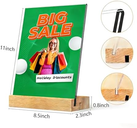 TONICE 8.5 x 11 Acrylic Sign Holder with Wood Base 5 Pack L/T Shape Vertical or Slant Back Display for Wedding, Restaurant, Store, Office, Hotel