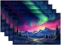 Batmerry Winter New Year Linen Placemats Set of 4, Auroras Pink Skies Snowy Mountains Washable Table Mats for Kitchen Table Thickened Heat Insulation Dining Set Indoor Outdoor 12X18 in