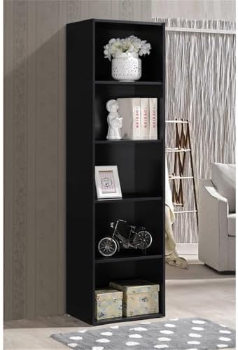 Pemberly Row 5-Shelf Wooden Bookcase, Black Finish, 59.06 in H x 15.91 in W x 11.77 in D, Slim Multi-Purpose Design, Engineered Wood Construction, Contemporary Style for Home or Office Organization
