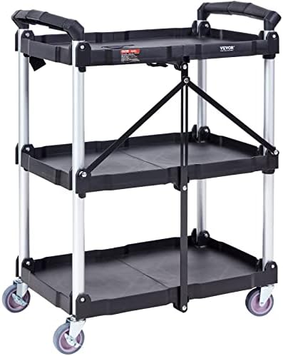 VEVOR Foldable Utility Service Cart, 165LBS 3 Shelf Heavy Duty Plastic Rolling Cart with 360° Swivel Wheels (2 with Brakes), Ergonomic Handle, Portable Garage Tool Cart for Warehouse Office Home