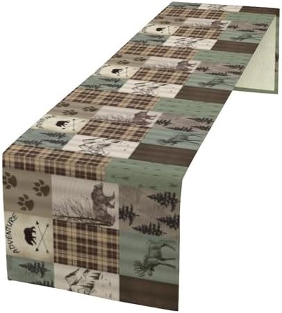 Rustic Moose Deer Bear Table Runner, Retro Vintage Bear Cottage Country Style Cabin Farmhouse Dinner Runner for Home Kitchen Dining Table Decoration 13"x90"