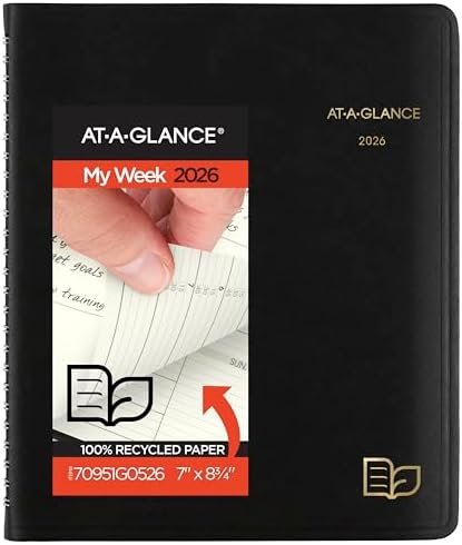 AT-A-GLANCE 2026 Appointment Book Planner, Weekly & Monthly, 7" x 8-3/4", Medium, Quarter-Hourly, Recycled, Black (70951G0526)