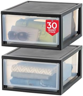 IRIS USA 2-Pack 30 Qt. Stacking Drawer Organizer with Sliding Drawer, Black