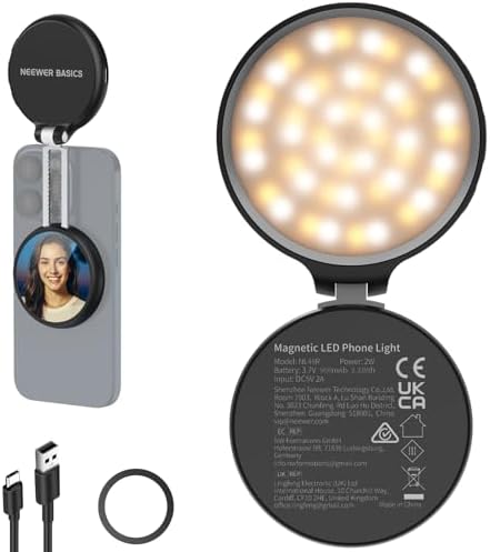 NEEWER Basics Magnetic LED Selfie Light Compatible with MagSafe iPhone, Desk Stand Phone Holder with Makeup Mirror 1160lx/0.2m 900mAh CRI95 Fill Lighting for Video Recording Streaming, Black NL48R