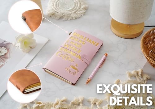 Coffee gifts Leather Journal Notebook with Pen, for Coffee Lovers, Men, Women on Birthday, Refillable Sketchbook, Travel Diary, Lined Planner, 7x5 Inches, Pink - Brilliant Ideas - Gold foil stamping
