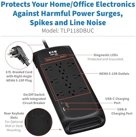 Eaton Tripp Lite Series Surge Protector Power Strip with Flat Plug Braided Extension Cord + 2 USB Charging Ports, 4200 Joules, 8ft Cable, Manufacturer's (TLP118DBUC)