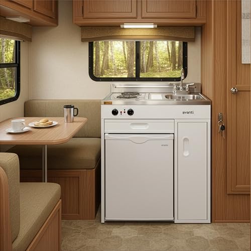 Avanti Full Compact Kitchen, Built in Kitchenette with Stainless Steel Countertop with Sink and Chrome Faucet, Two Element Cooking Range, 2.2 Cu.Ft. Refrigerator & Storage Space, 30-Inch, White