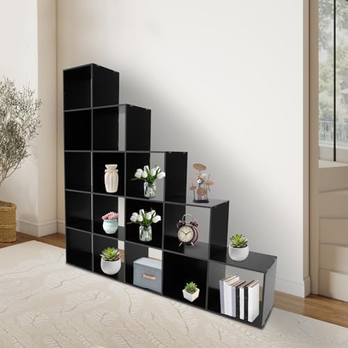 5-Tier Stepped Bookshelf, 15 Cube Storage Organizer, Freestanding Ladder Bookcase, L-Shaped Corner Shelf, Room Divider Shelf, 57.5" Tall Modern Display Shelf for Home Office Living Room