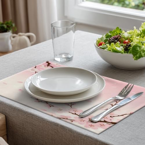 Batmerry Pink Cherry Blossom Linen Placemats Set of 8, Delicate Spring Blossoms Washable Table Mats for Kitchen Table Thickened Heat Insulation Dining Set Indoor Outdoor 12X18 in