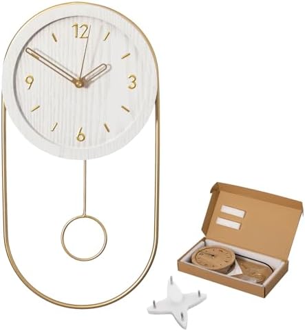 Clockswise 16-Inch Decorative Wall Clock Step Movement Mechanism Metal Frame Wooden Dial and Pendulum Design Battery-Operated Timepiece for Living Room Hallway or Office Décor, White