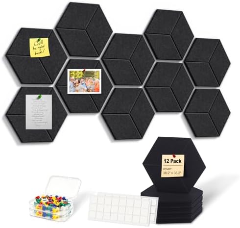 12-Pack Hexagon Cork Board Alternative for Walls Decor, 38.2" x 38.2" Large Felt Bulletin Board, with Pushpins, Damage-Free Adhesives, Thick Pin Board for Office, Home (Black)