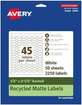 Avery® EcoFriendly Matte White Recycled Barbell Labels, 0.5" x 2.5", Matte White Labels, Permanent Adhesive, Laser/Inkjet Printable, 2,250 Total