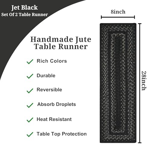 Homespice Jet Black Jute Braided Table Runner, Rect 8x28 Set of 2