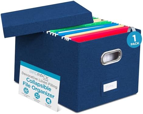 Internet's Best Collapsible File Storage Organizer - Decorative Linen Filing & Storage Office Box - Letter/Legal - Navy - 1 Pack
