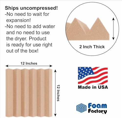 Foam Factory Inc 24 Pack Color Acoustic Foam Panel Studio Soundproofing Wedge Wall Tiles 12” X 12” X 2” (Rosy Beige)